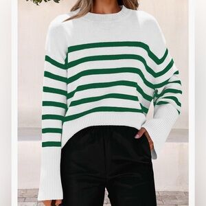 Green and White Oversized Striped Women's Sweater